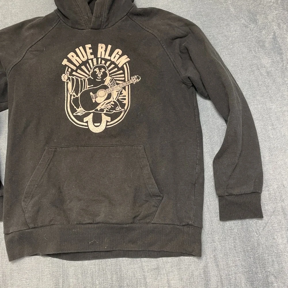 True Religion Hoodie Mens M Black Fleece Lined Buddha Graphic Pullover Cozy